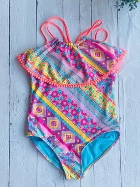 BREAKING WAVES Girls Multicolor Ruffle One-Piece Swimsuit - Bright Floral Print